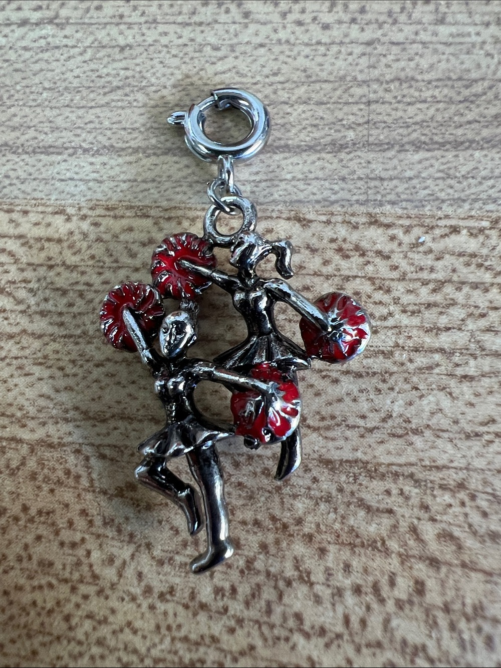 Silver Cheerleader Charm Pendant with Red Pom-Poms